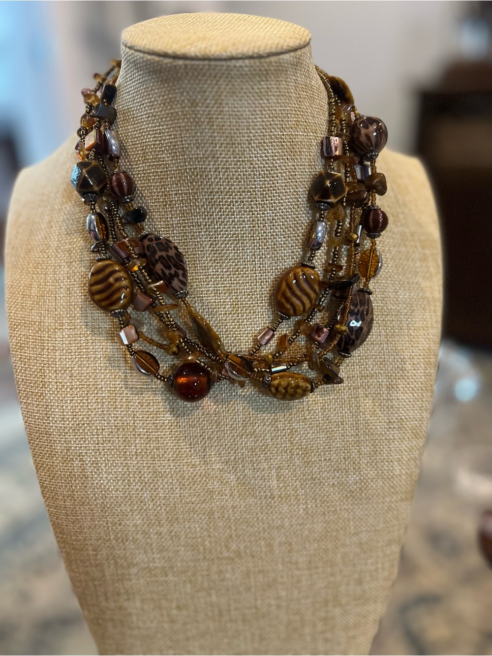 Mix of Brown glass and acrylic  Necklaces with a Monet gold tone necklace - Picture 2 of 10